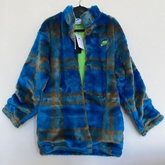 Nike Sportswear Women Green Blue Plaid Faux Fur Jacket DD4541-476 Size Small - Picture 3 of 8